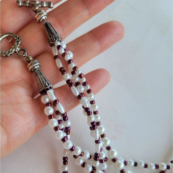 Vintage Metallic Rose and ivory 3-Strand Bead Handmade  Necklaces. - Picture 7 of 12
